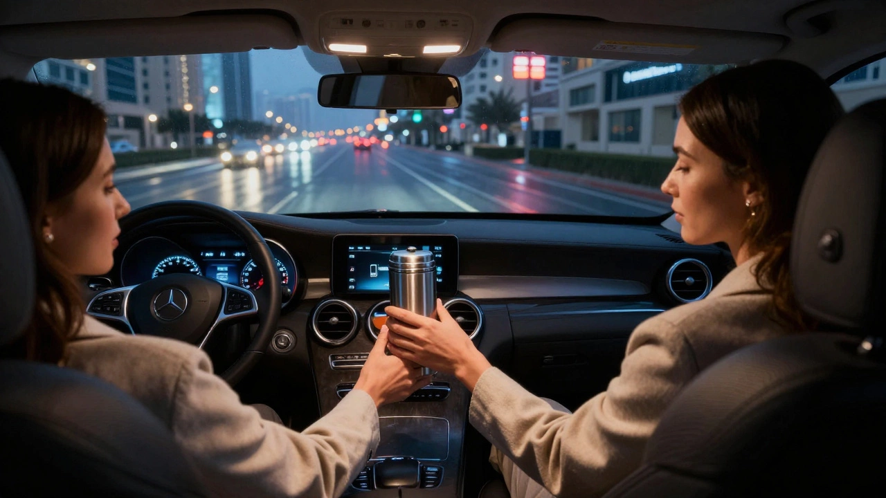A companion hands tea to a client in a luxury car at night, city lights reflecting on wet streets, silent and serene.