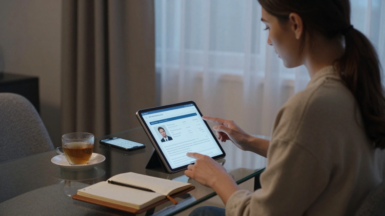 A professional woman reviewing an escort profile on a tablet in a quiet London apartment.