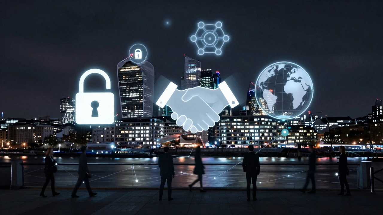 Abstract London skyline with digital symbols representing security, consent, and anonymity.