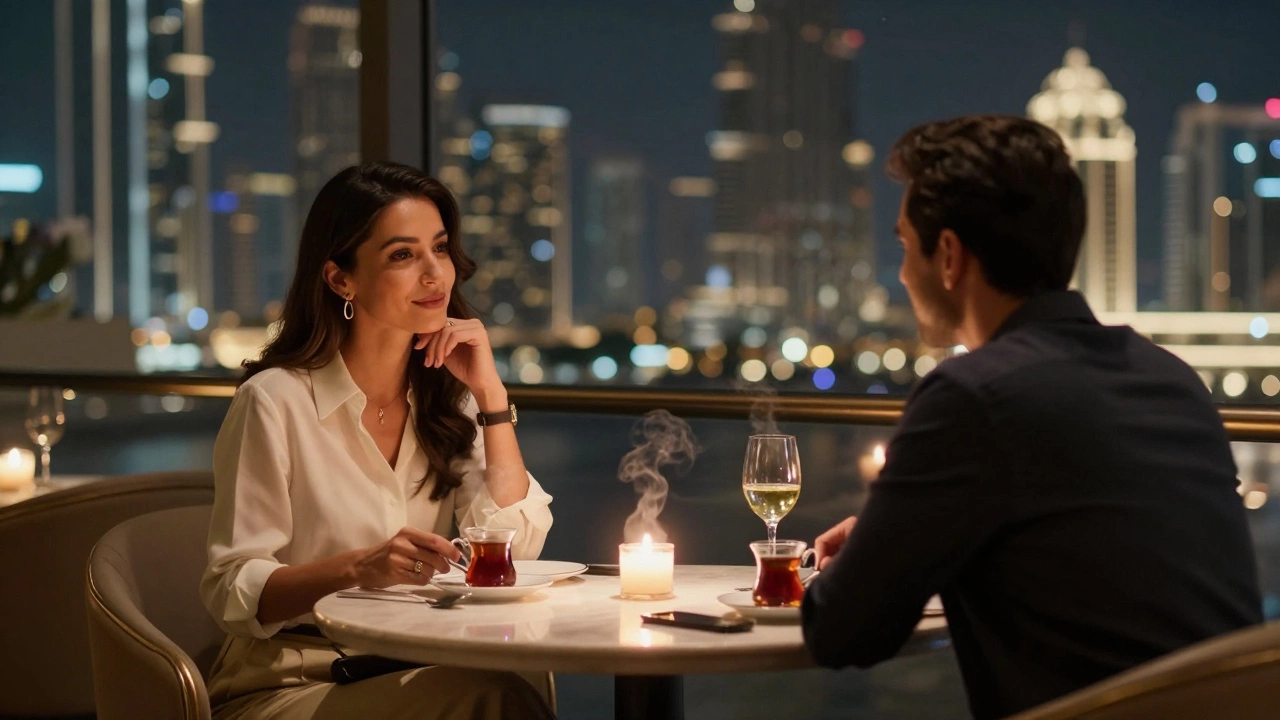 Two people dine in a rotating Dubai restaurant, candlelight reflecting in wine glasses, skyline shifting behind them.